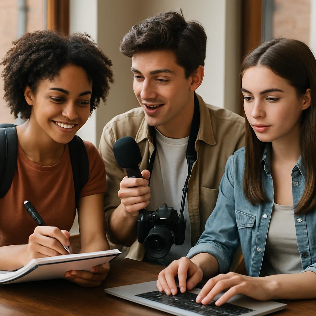 A man holds a microphone surrounded by two female onlookers A man holds a microphone in his hand wearing a tan jacket next...